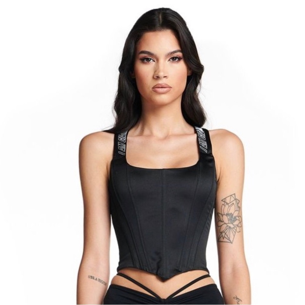 I.AM.GIA Black Corset Tank Top with Branded Straps